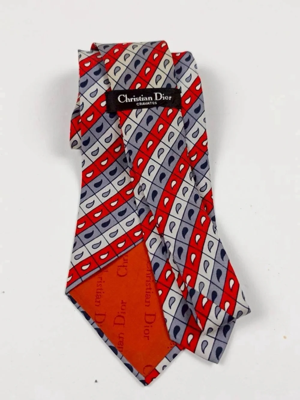 Dior Red, Navy and White Geometric Teardrop Silk Tie